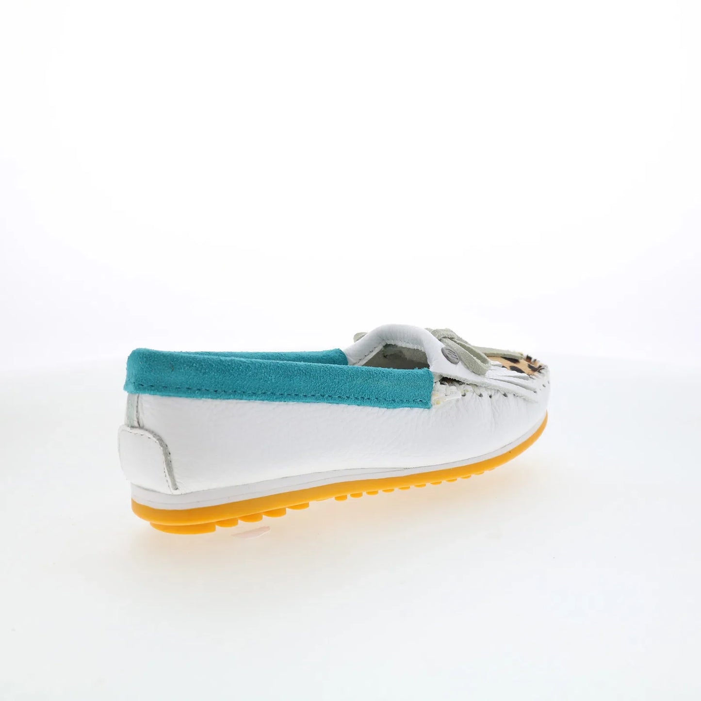 Minnetonka Kilty Plus Leopard Plug 4327 Womens White Loafer Flats Shoes