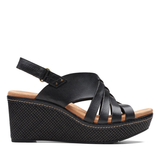 Clarks Elleri Grace 26171531 Womens Black Leather Strap Wedges Sandals Shoes