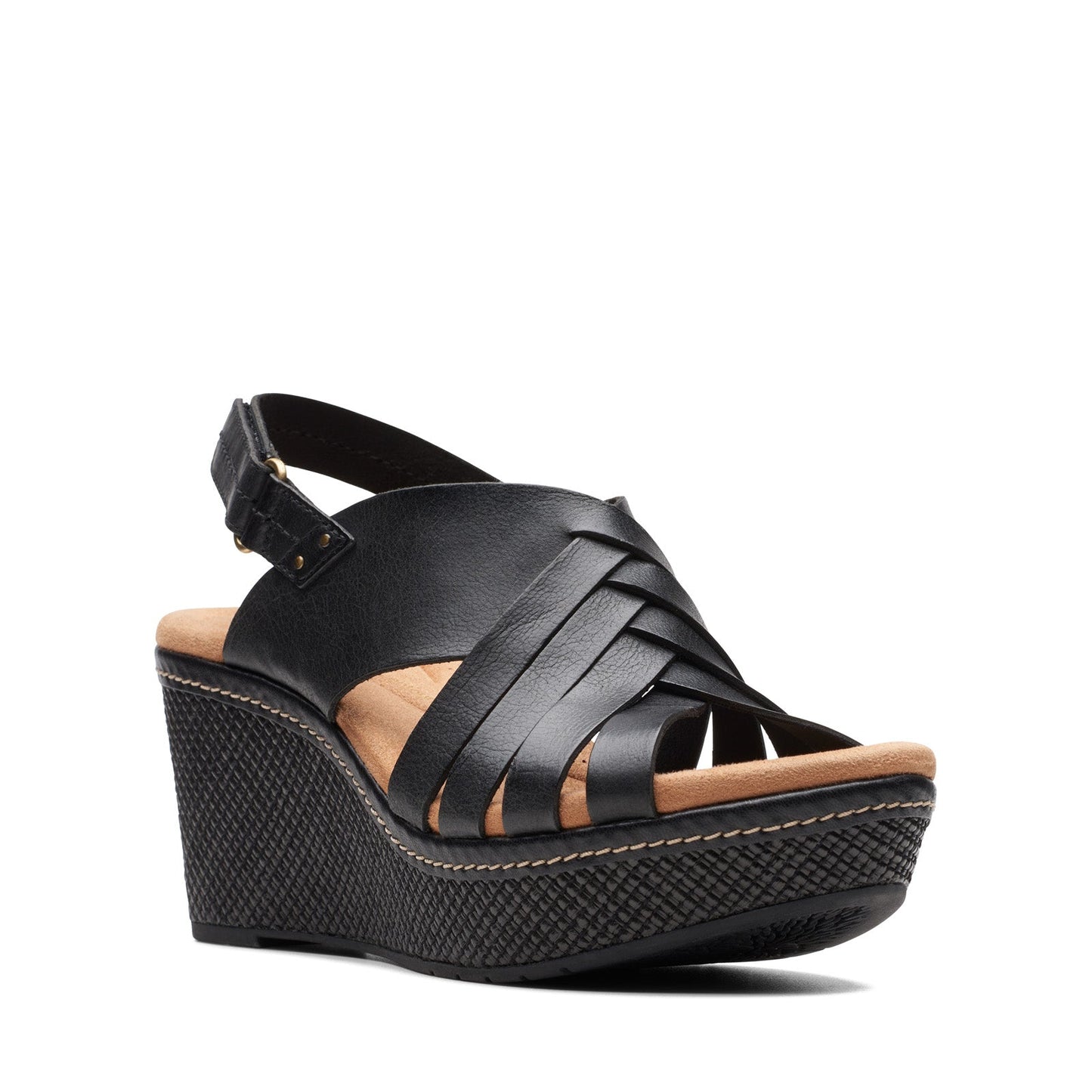 Clarks Elleri Grace 26171531 Womens Black Leather Strap Wedges Sandals Shoes