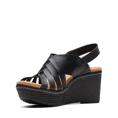 Clarks Elleri Grace 26171531 Womens Black Leather Strap Wedges Sandals Shoes