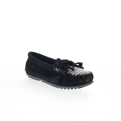 Minnetonka Kilty 410R Womens Black Suede Slip On Loafer Flats Shoes