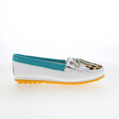 Minnetonka Kilty Plus Leopard Plug 4327 Womens White Loafer Flats Shoes