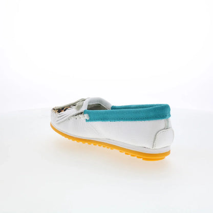 Minnetonka Kilty Plus Leopard Plug 4327 Womens White Loafer Flats Shoes