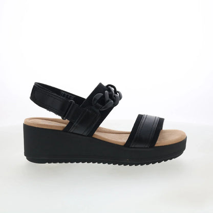 Clarks Wrenly Eve 26182085 Womens Black Leather Strap Wedges Sandals Shoes
