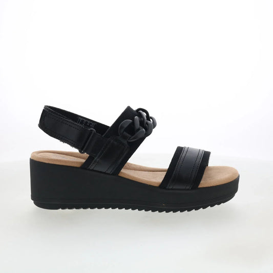 Clarks Wrenly Eve 26182085 Womens Black Leather Strap Wedges Sandals Shoes