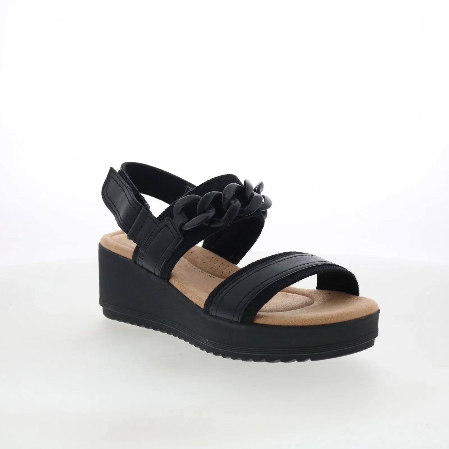 Clarks Wrenly Eve 26182085 Womens Black Leather Strap Wedges Sandals Shoes