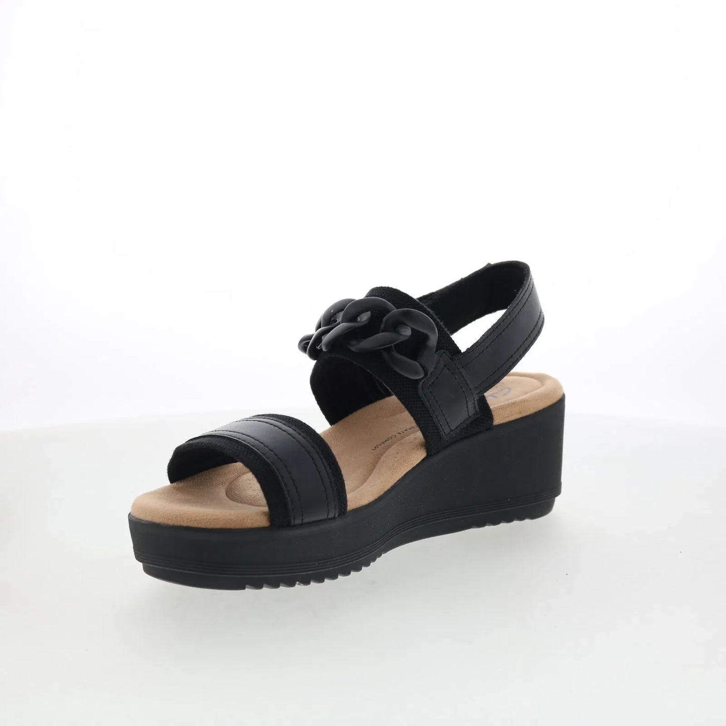 Clarks Wrenly Eve 26182085 Womens Black Leather Strap Wedges Sandals Shoes