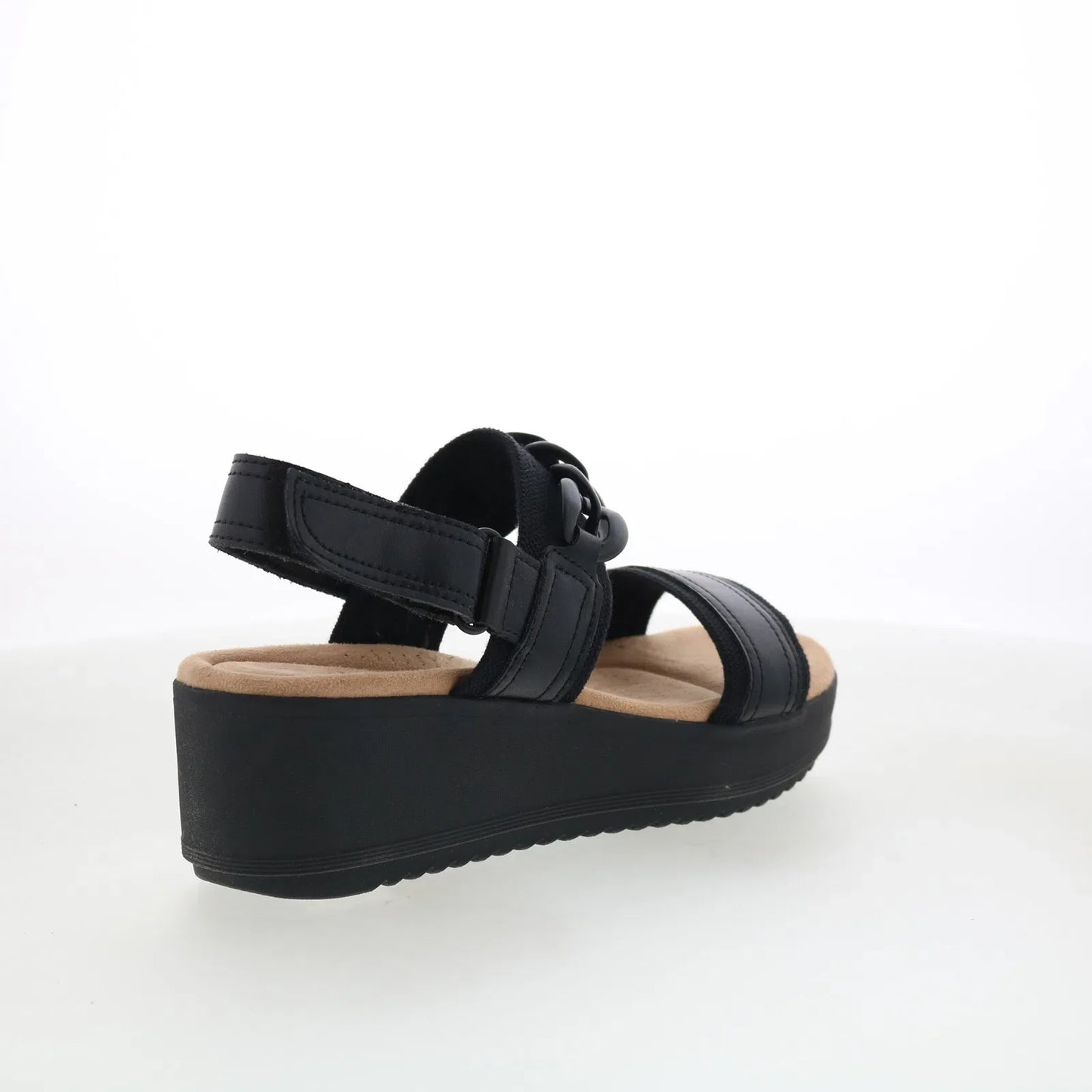 Clarks Wrenly Eve 26182085 Womens Black Leather Strap Wedges Sandals Shoes