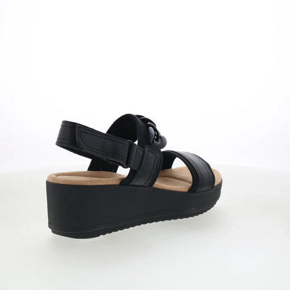 Clarks Wrenly Eve 26182085 Womens Black Leather Strap Wedges Sandals Shoes
